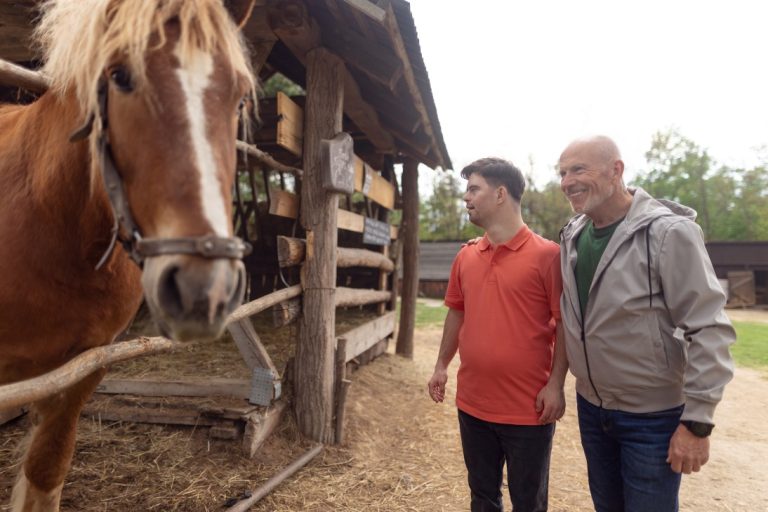 Disabled boy and carer on a farm looking at a horse